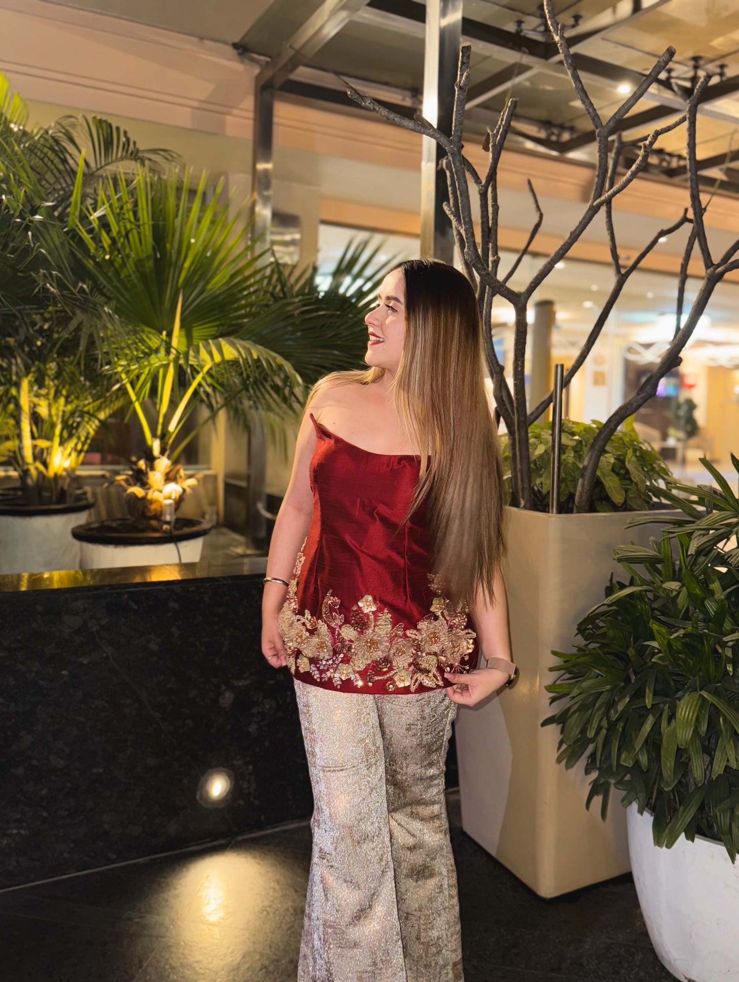 Embroidered Strapless Top with Flared Pant