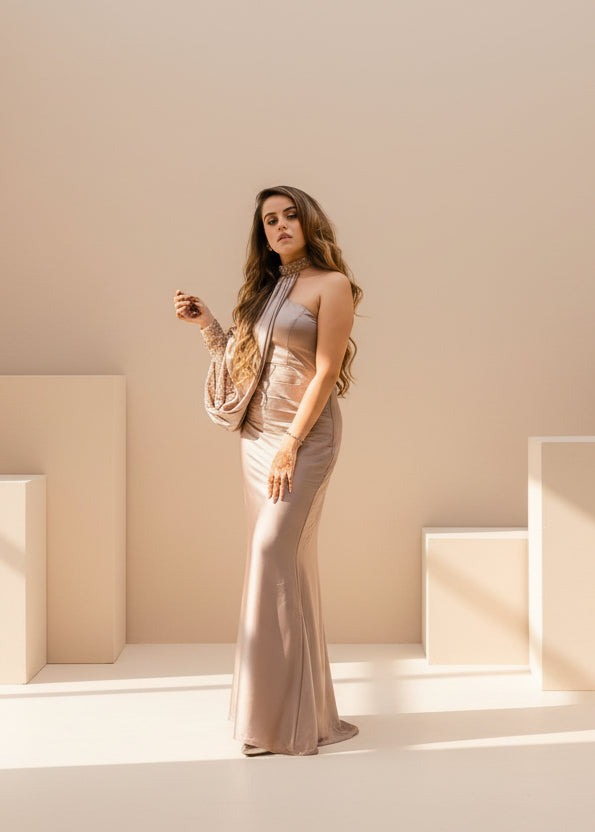 Rose Gold Gown with Detachable Sleeve