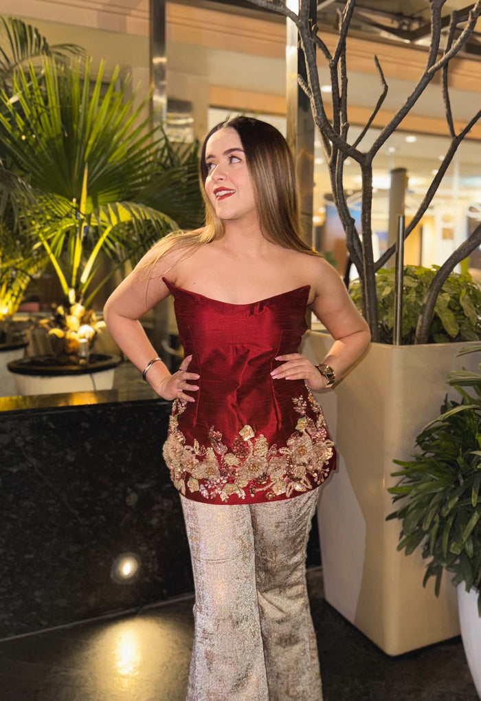Embroidered Strapless Top with Flared Pant