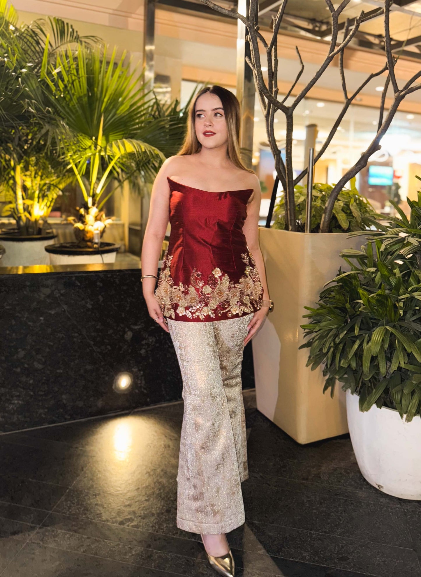 Embroidered Strapless Top with Flared Pant
