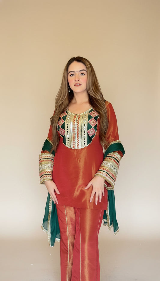 Rust Border Work Suit Set with Dupatta