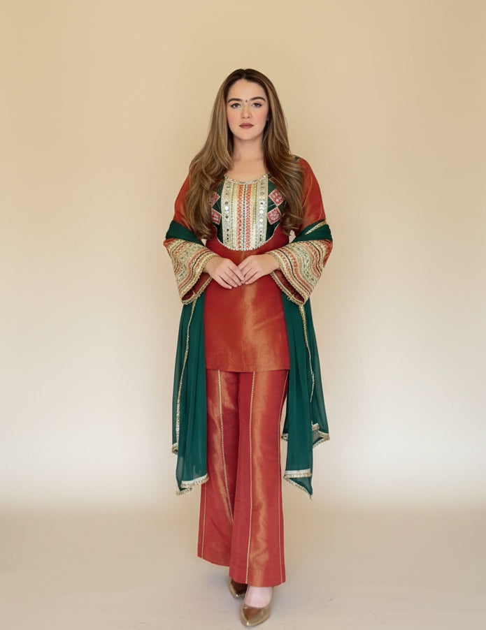 Rust Border Work Suit Set with Dupatta