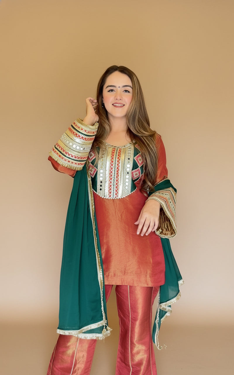 Rust Border Work Suit Set with Dupatta