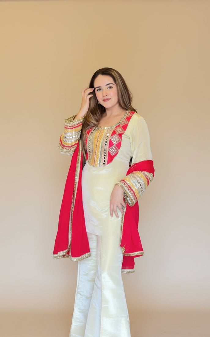 Ivory Border Work Suit Set with Dupatta