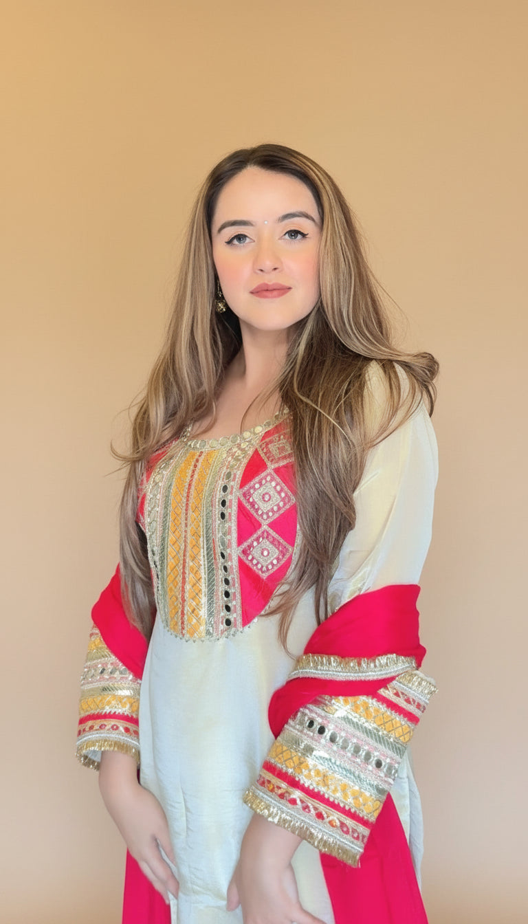 Ivory Border Work Suit Set with Dupatta