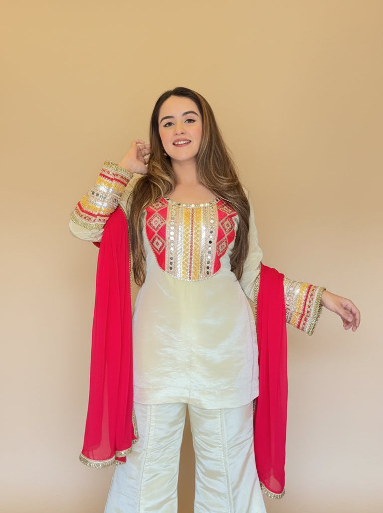 Ivory Border Work Suit Set with Dupatta