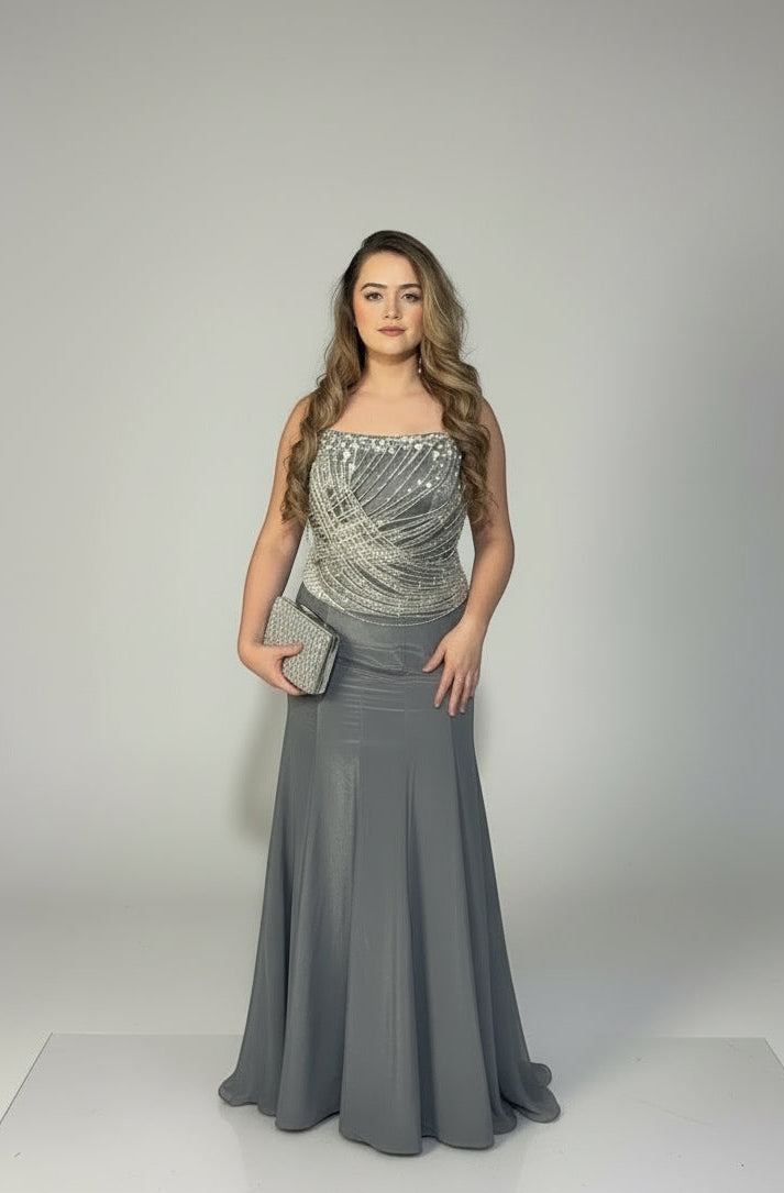 Titanium Stone Work Corset Blouse With Fishtail Skirt