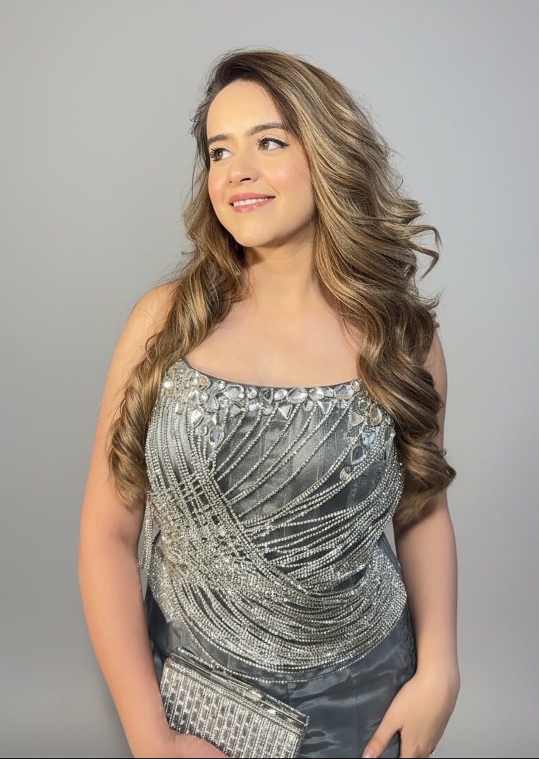 Titanium Stone Work Corset Blouse With Fishtail Skirt