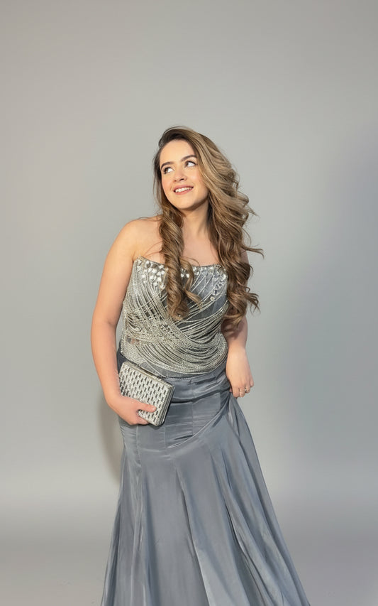 Titanium Stone Work Corset Blouse With Fishtail Skirt