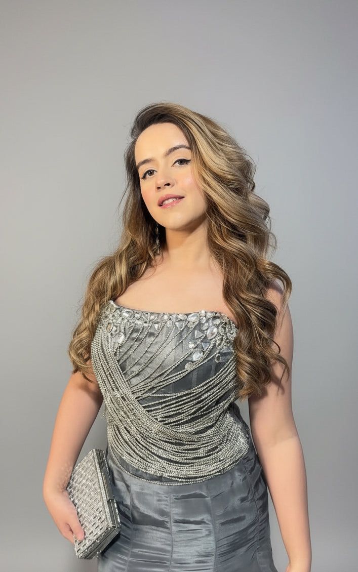 Titanium Stone Work Corset Blouse With Fishtail Skirt