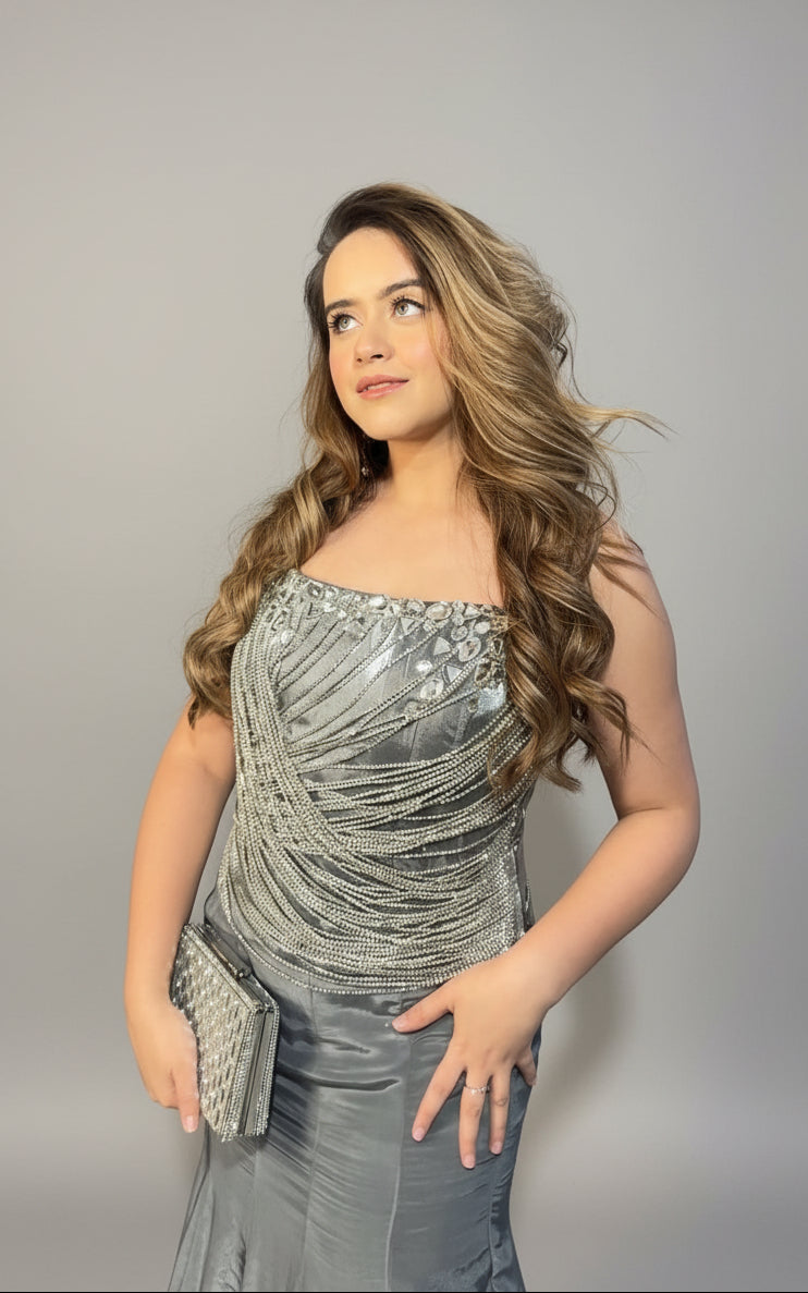 Titanium Stone Work Corset Blouse With Fishtail Skirt