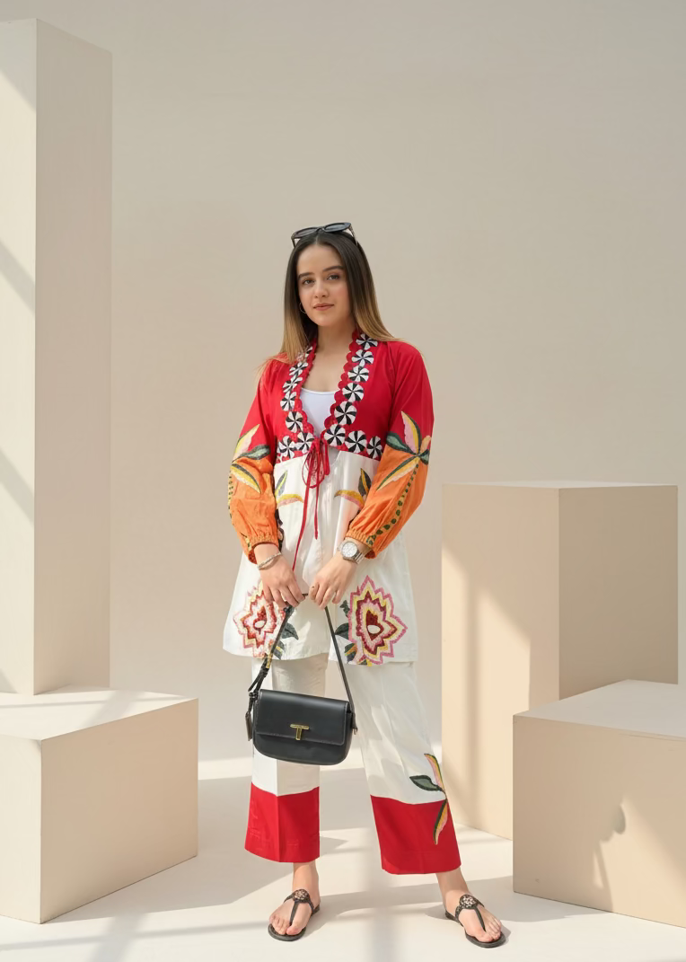 Floral Colour Block Embroidered Set
