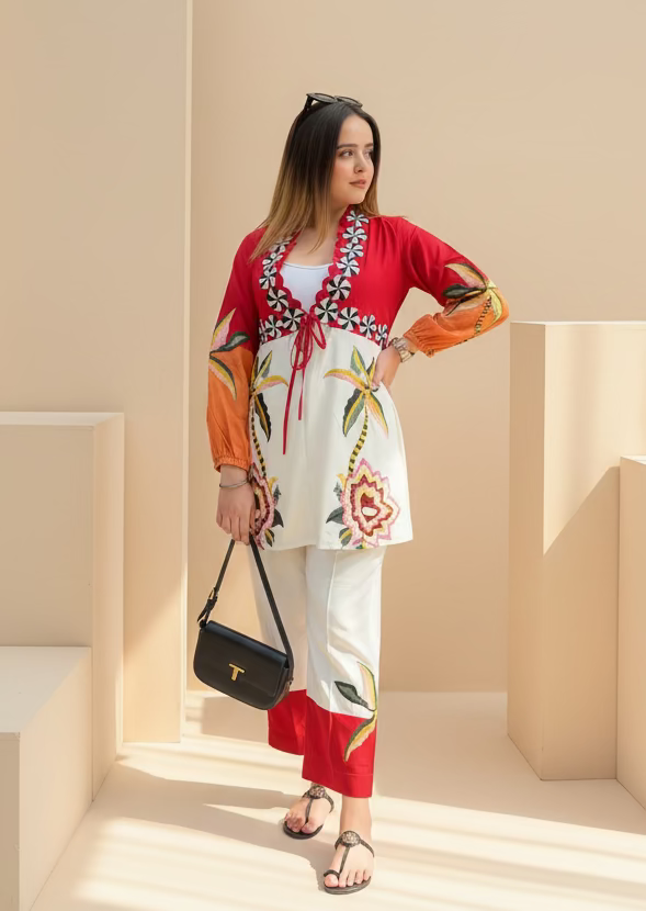 Floral Colour Block Embroidered Set