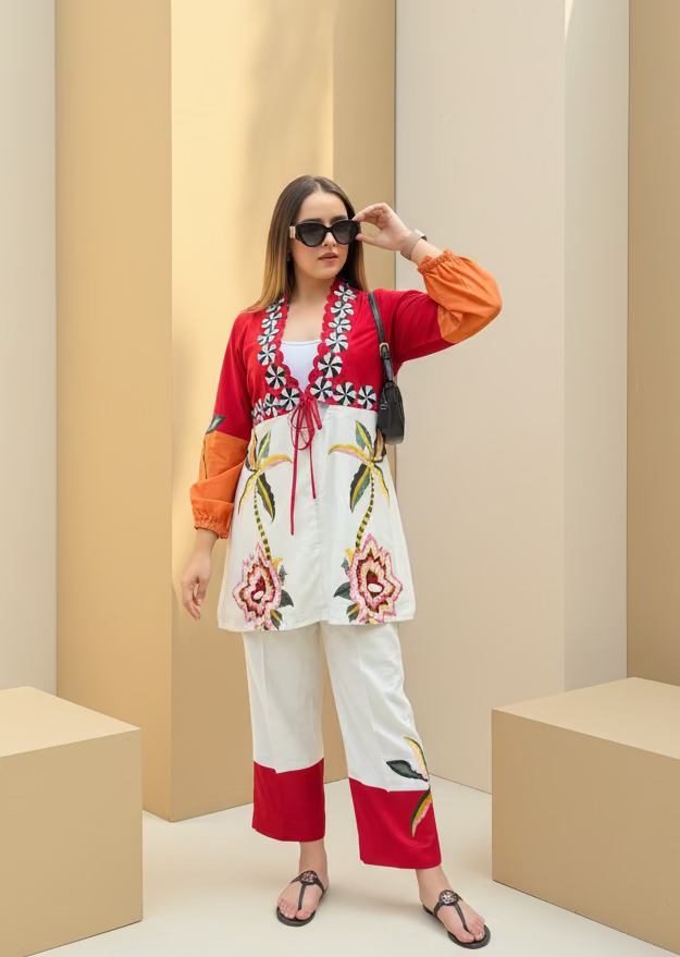 Floral Colour Block Embroidered Set