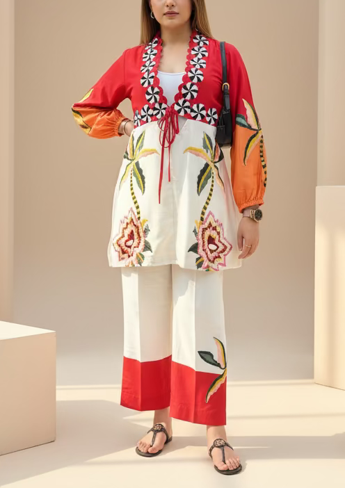 Floral Colour Block Embroidered Set