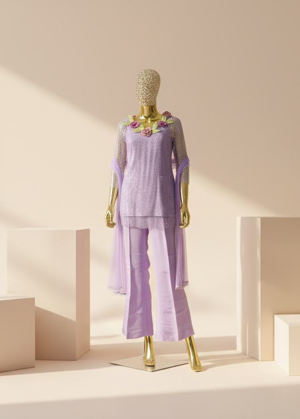 Lilac Mesh Indo-Western Suit Set