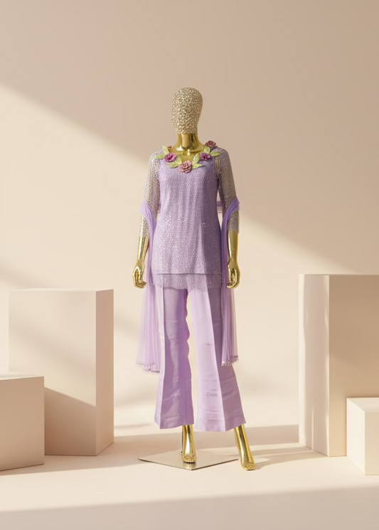Lilac Mesh Indo-Western Suit Set