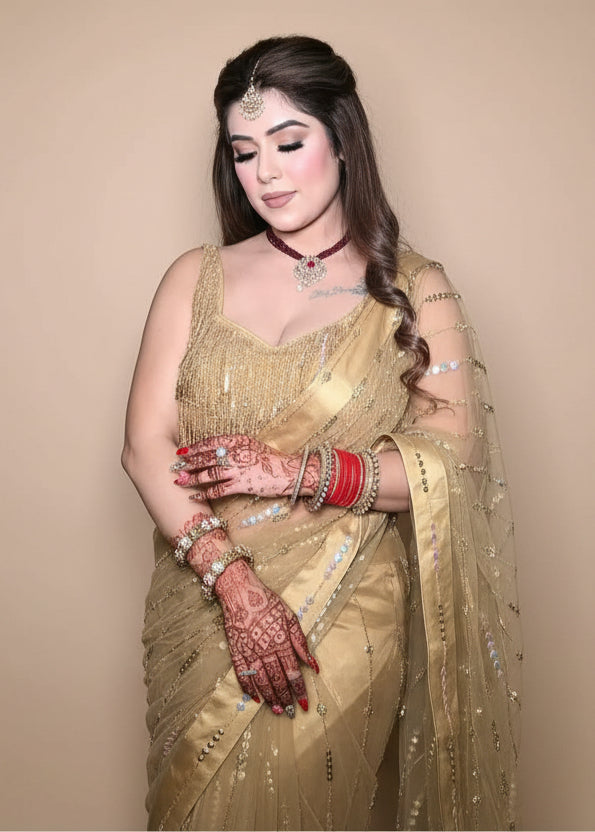 Golden Hand Embroidered Saree