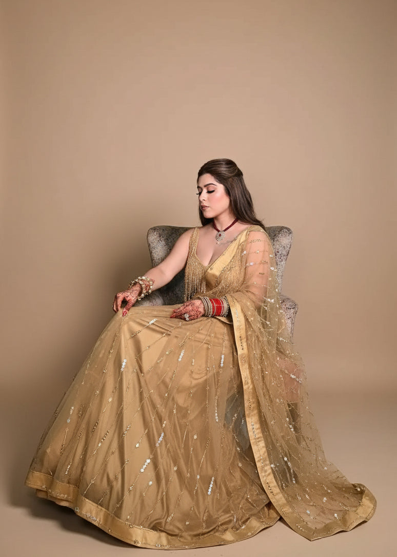 Golden Hand Embroidered Saree