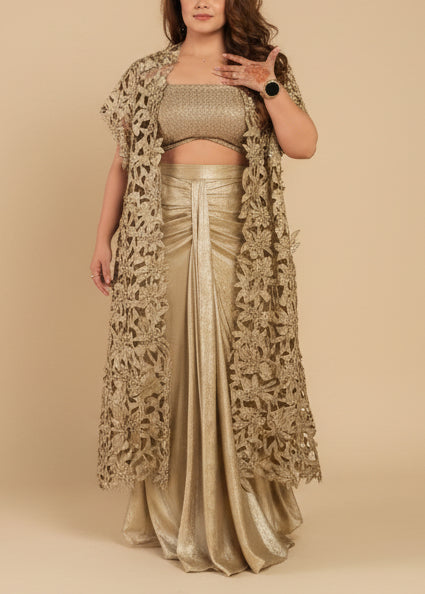 Golden Embroidered Cape & Drape Ensemble
