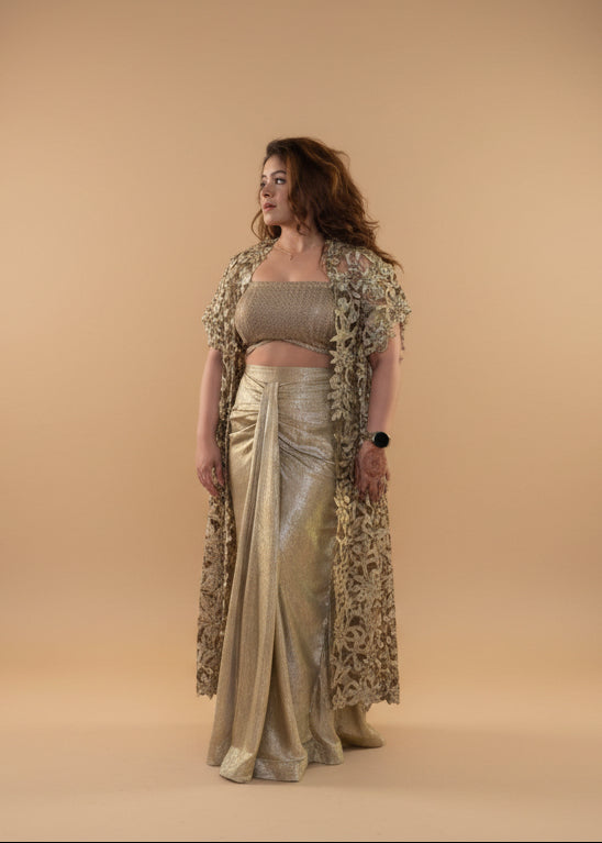 Golden Embroidered Cape & Drape Ensemble