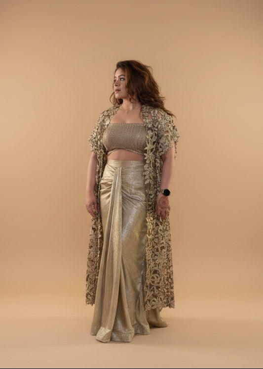 Golden Embroidered Cape & Drape Ensemble