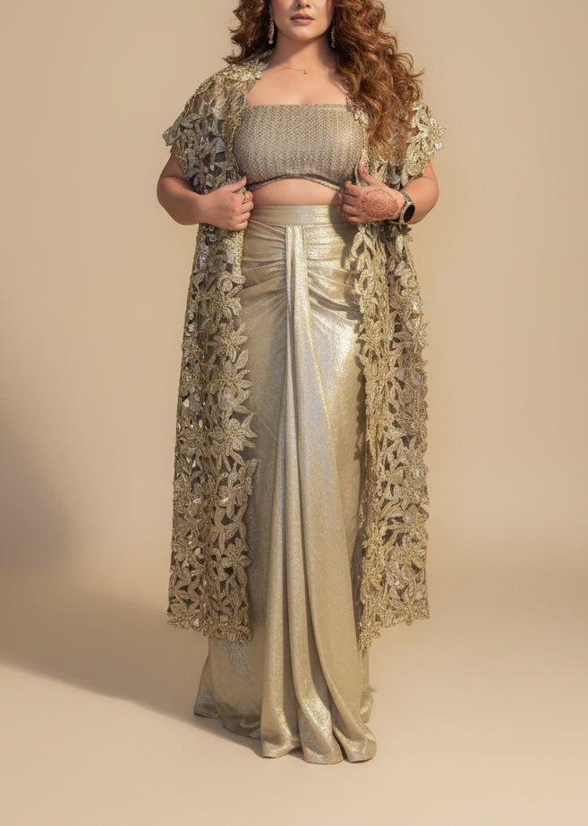 Golden Embroidered Cape & Drape Ensemble