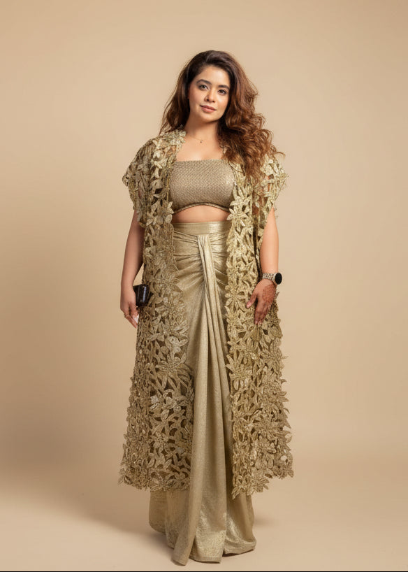 Golden Embroidered Cape & Drape Ensemble