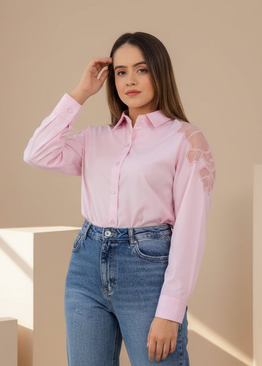 Pink Shoulder Embroidery Shirt