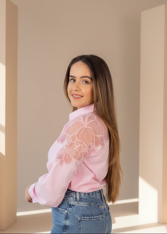 Pink Shoulder Embroidery Shirt