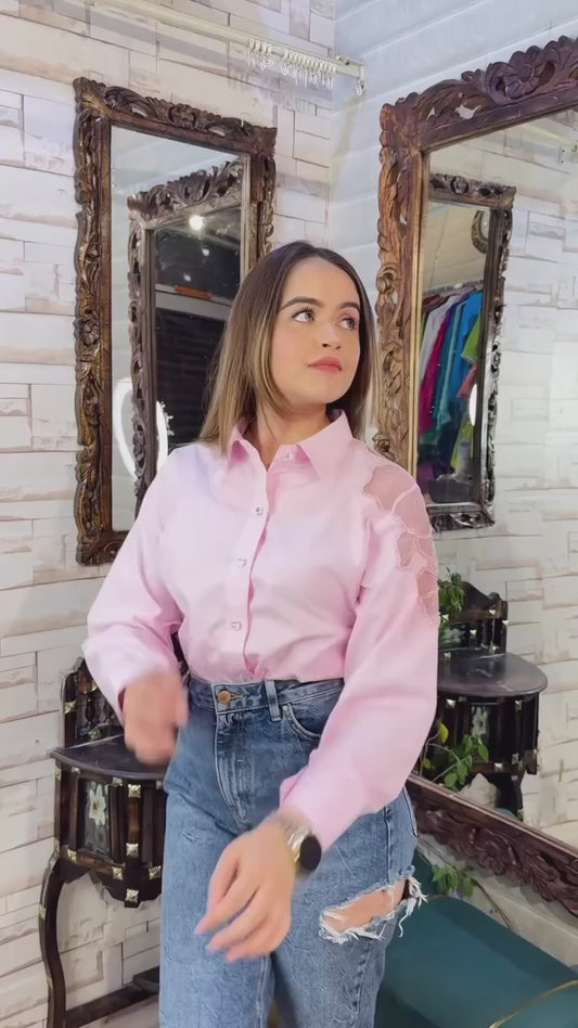 Pink Shoulder Embroidery Shirt
